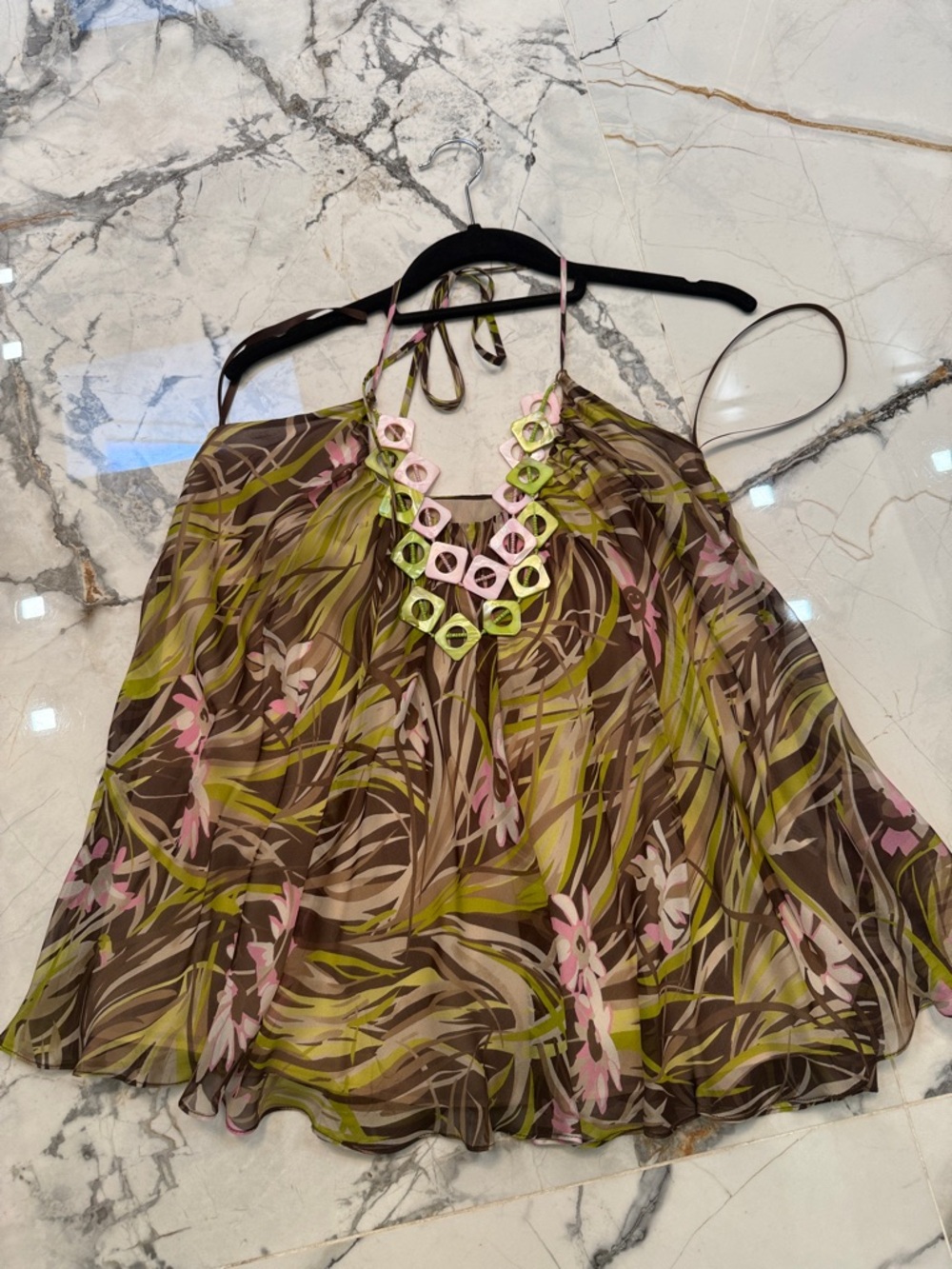Milly Olive Green Brown Pink Floral Halter Silk Blouse